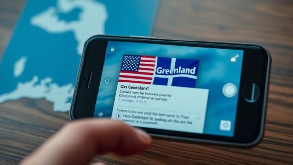 Smartphone with satirical post on Greenland tariffs and map background.