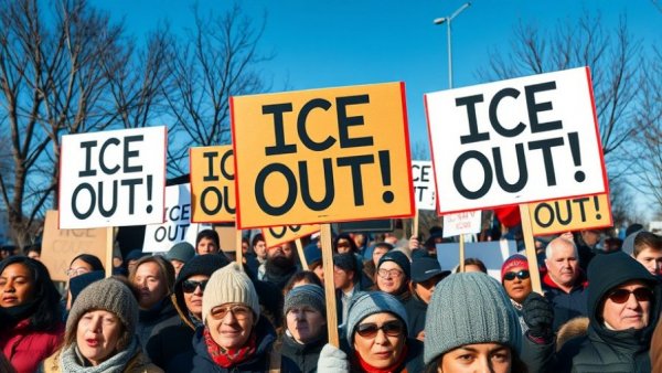 Crowd holding anti-ICE signs at Minnesota protest rally.