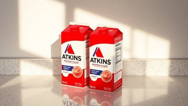 Atkins protein shakes on countertop casting shadows, Simply Good Foods CEO rehire.