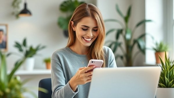 Smiling woman checking phone while using laptop at home.