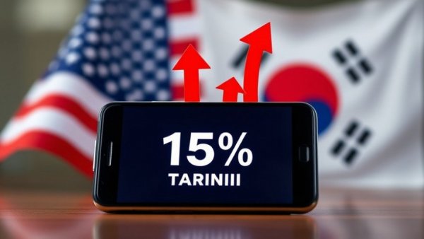 Smartphone showing US-South Korea 15% tariff, flags in background.