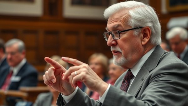 Distinguished man discussing taxes in legislature, serious expression.