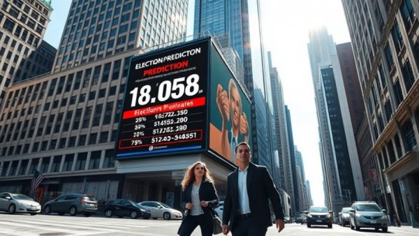 City scene with election prediction billboard related to insider trading in prediction markets.