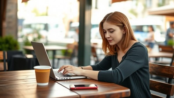 Woman working on laptop about Tax Extension FAQs at outdoor cafe.