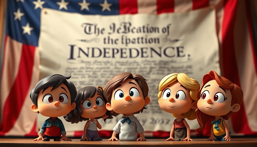 Cartoon figures and Declaration of Independence with American flag, impact of taxes on American Revolution.