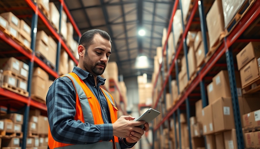 Warehouse worker using a tablet device among organized shelves.