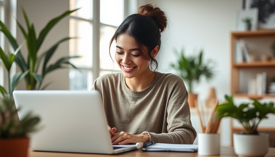 Woman working on laptop, smiling, and taking notes for filing U.S. taxes for nonresidents.
