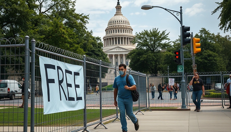 Protestor near security fencing with Capitol in Washington D.C.