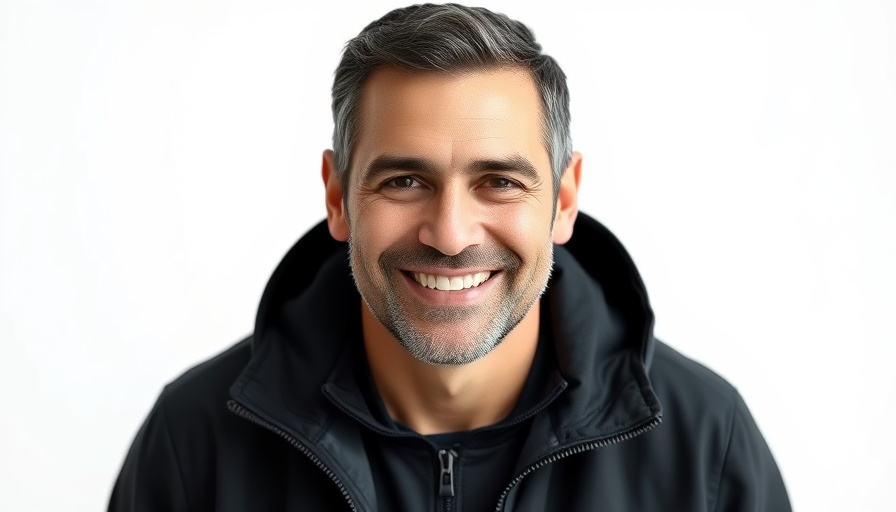 Friendly man smiling in dark jacket against white background.