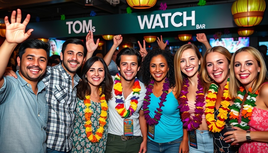 Celebration at Tom's Watch Bar with smiling attendees wearing leis.
