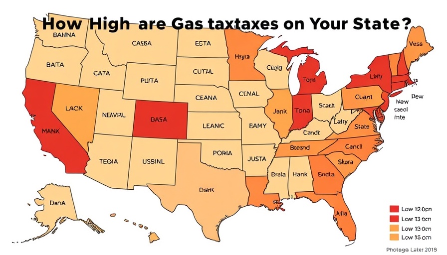 Map showing US gas taxes by state with color gradient.