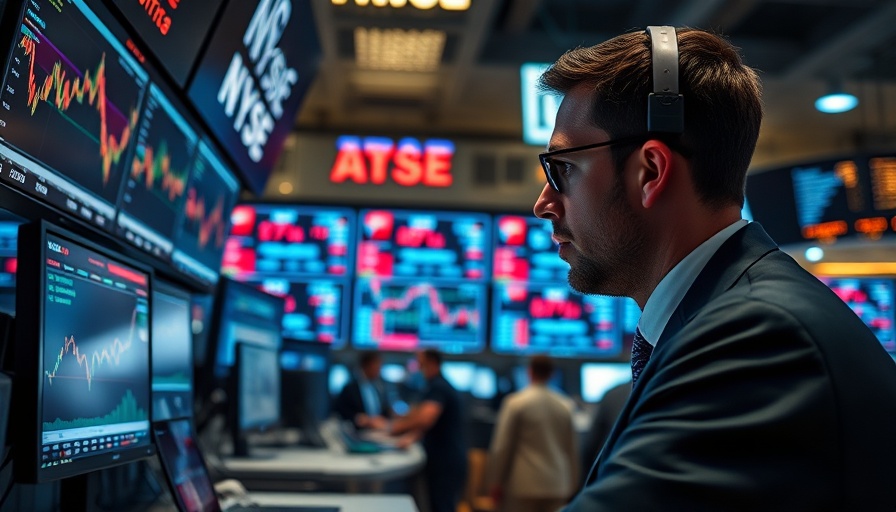 Trader focused on screens on a bustling stock exchange floor.