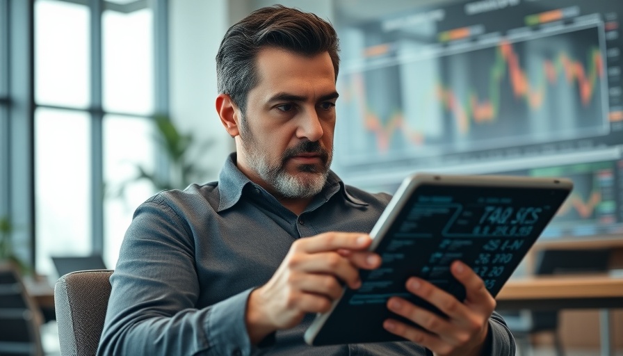 Man analyzing tech stocks on tablet in modern office, digital charts overlay.