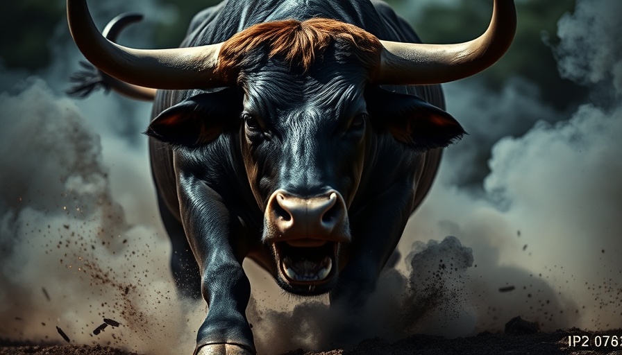 Investors Eye Nvidia Meta Tesla: Cinematic bull charging in dark smoke.