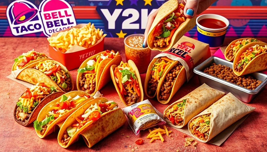 Colorful Taco Bell Y2K menu items displayed, with retro theme.