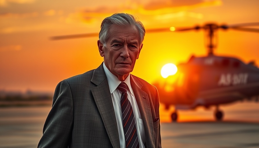 Elderly man in a suit during sunset with helicopter, symbolizing government shutdown risks.