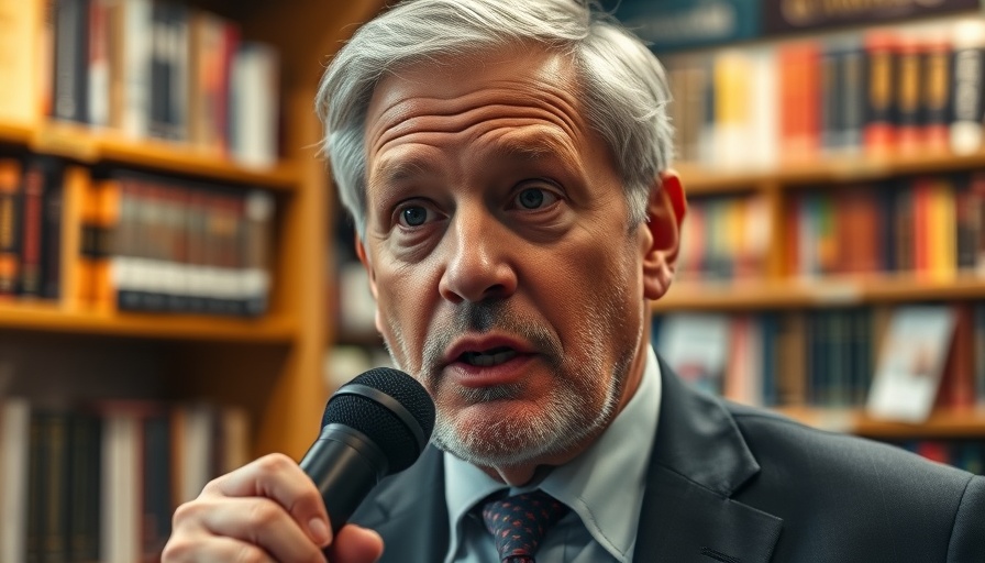 Man discussing at bookstore event with books in background.