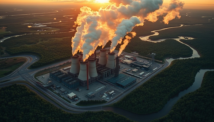 Aerial view of power plant surrounded by forests and rivers at sunset.