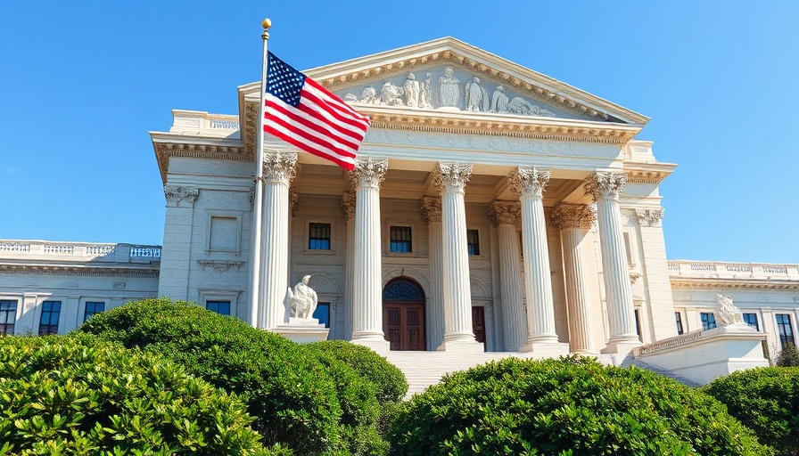 Who has the authority to levy tariffs: Iconic neoclassical building with American flag at dawn.