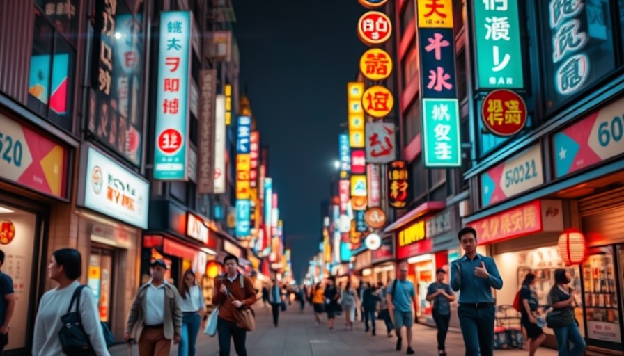Man in Japan's busy street, neon lights, signifies AI startup vibrancy.