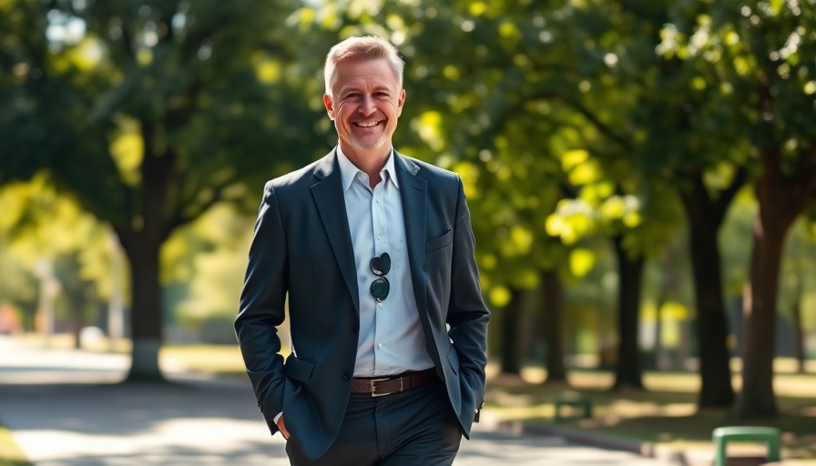 Man in suit walking confidently in a sunny park