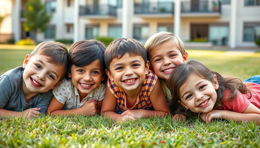 Preschool children smiling on grass, outdoors, mental health focus.