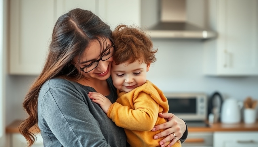 Mother comforting teething toddler in kitchen, teething toddler remedies.