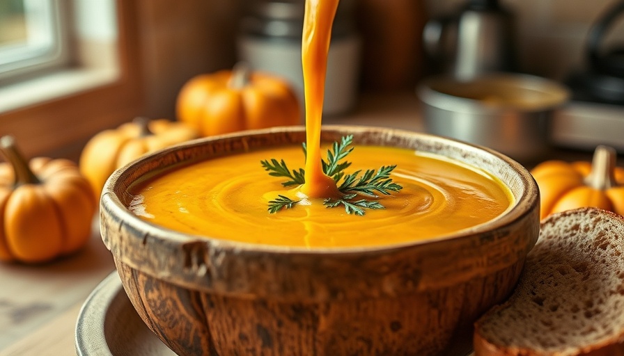 Immune-boosting pumpkin soup pouring into bread bowl.