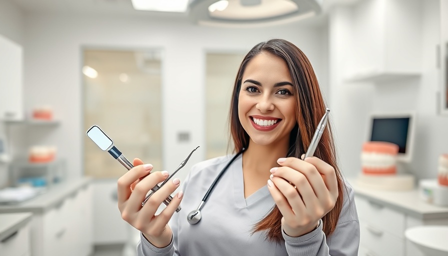 Dental professional holding tools in a modern clinic showcasing dental care.