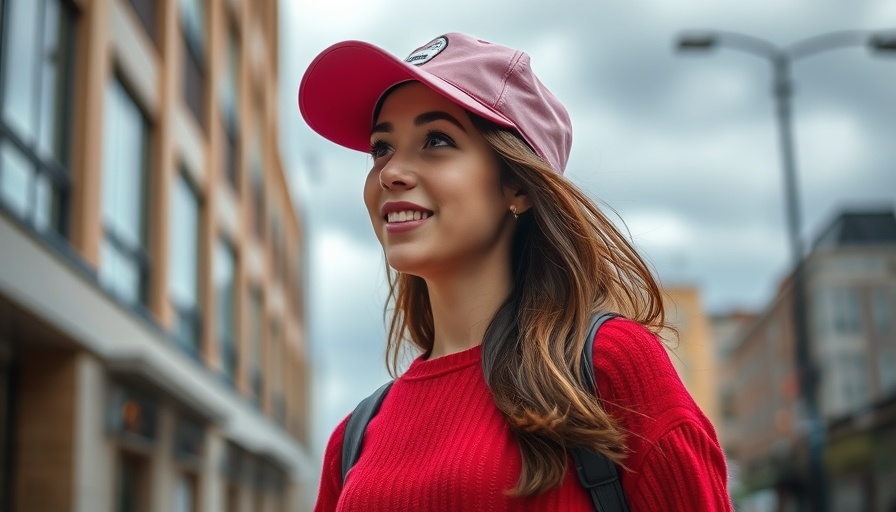 Young woman in red sweater outdoors, cloudy day.