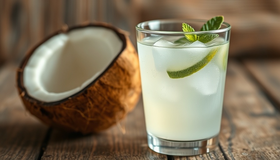 Refreshing coconut water glass beside fresh coconut half.
