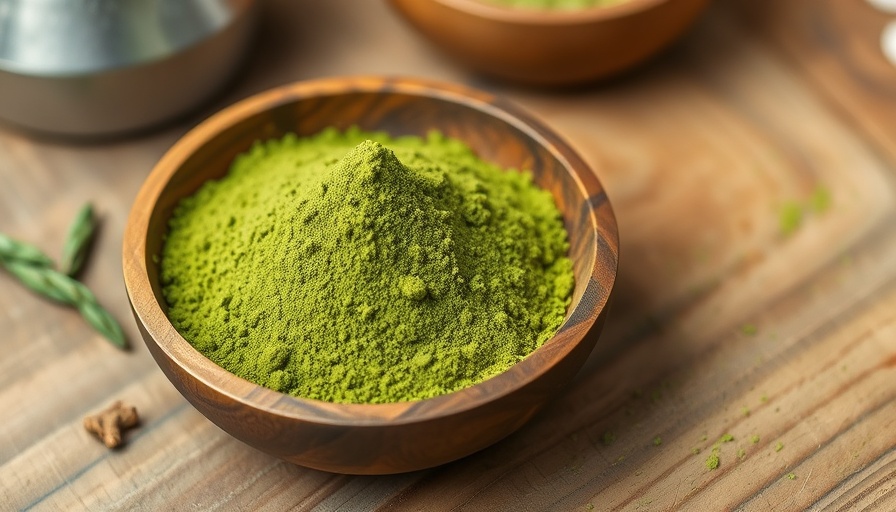 Wooden bowl of matcha powder on wooden table, highlighting matcha health benefits.