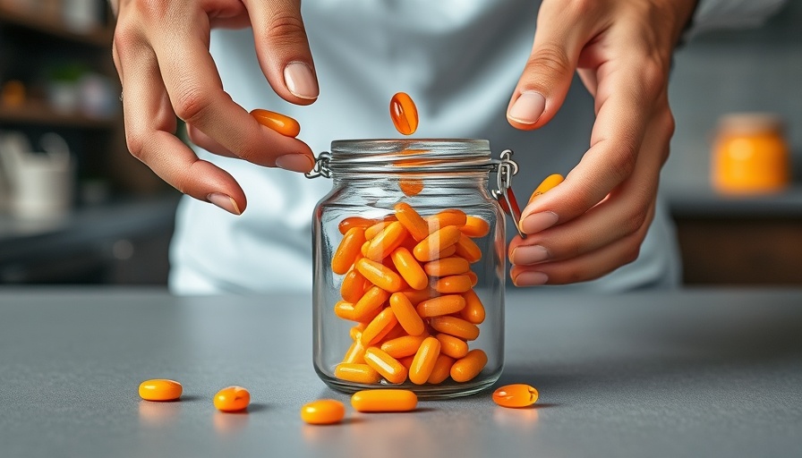 Hands pouring orange tablets into a glass jar indoors.