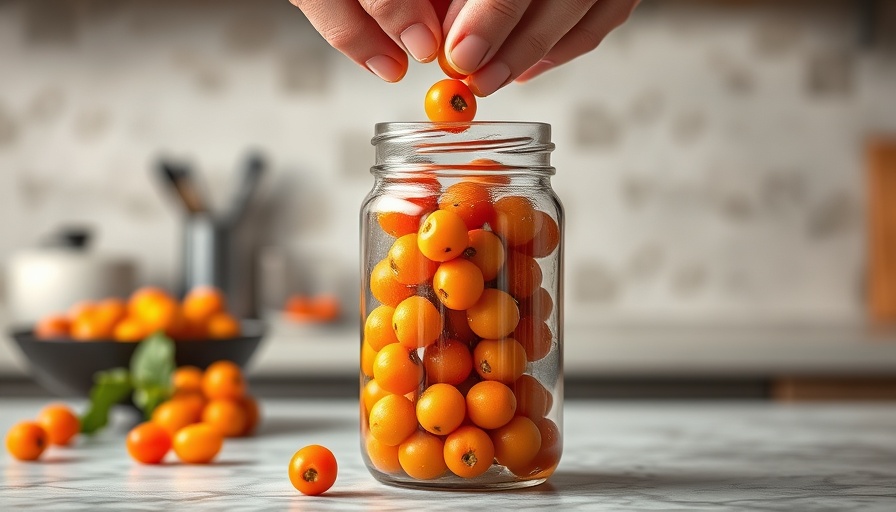 Close-up of hands dropping orange berries into a glass jar for homemade fizzy immunity soda.