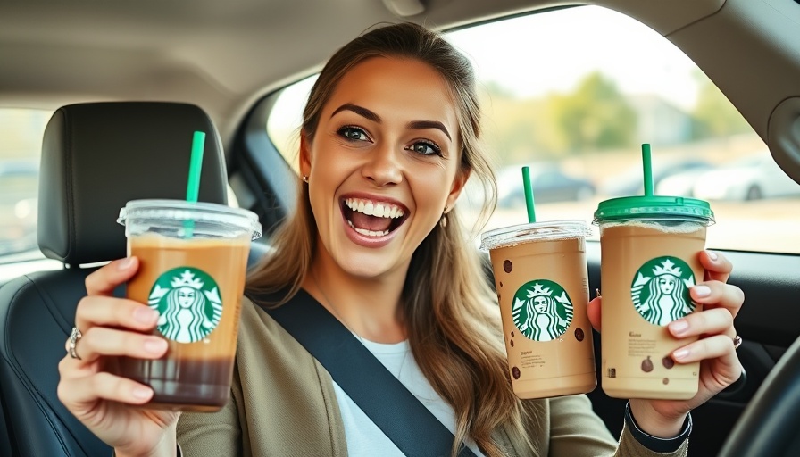 Excited woman with Starbucks sugar free protein drinks in car.