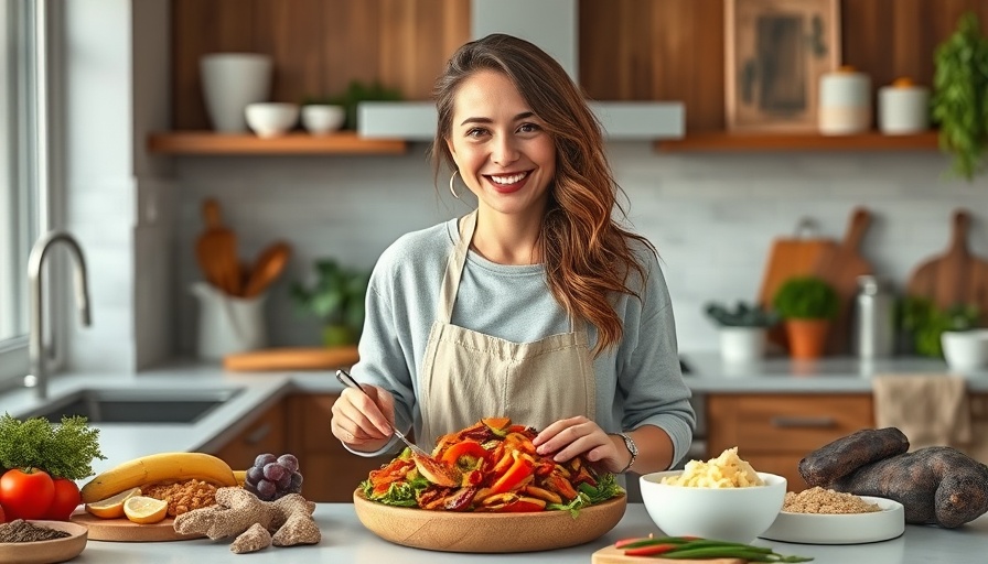 Healthy Cooking Challenge with smiling woman preparing a dish in a kitchen.