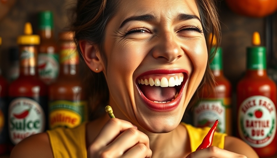 Lively smiling woman appreciating spicy sauces, bright studio setup.
