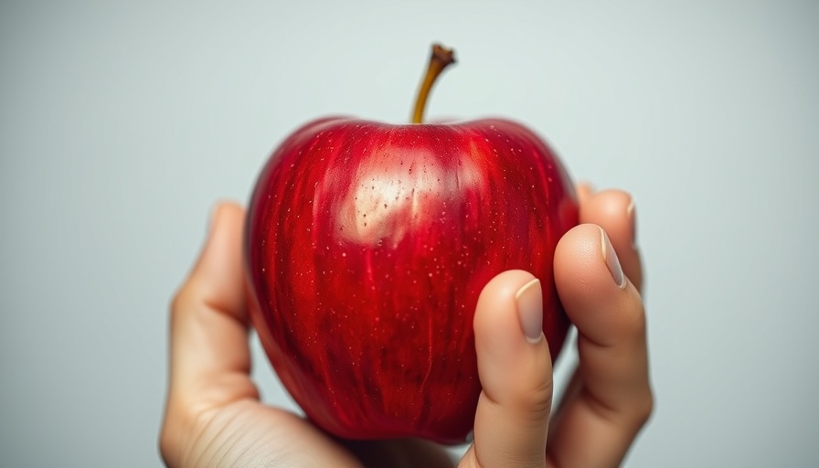 Close-up of a hand holding a red apple with soft lighting.