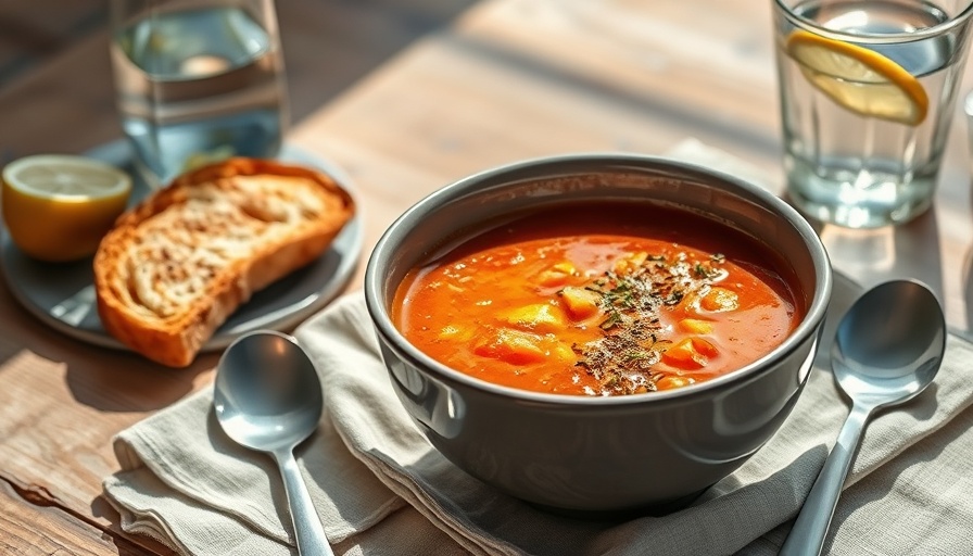 Healthy soup in a bowl with side of toast and lemon water.