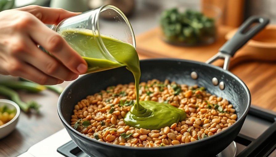 Green dahl recipe with vibrant sauce poured into lentils in a kitchen.