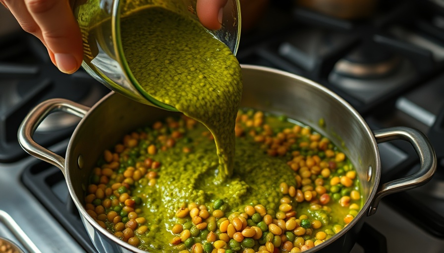Close-up pouring green dahl mixture into lentils, green dahl nutrition focus.