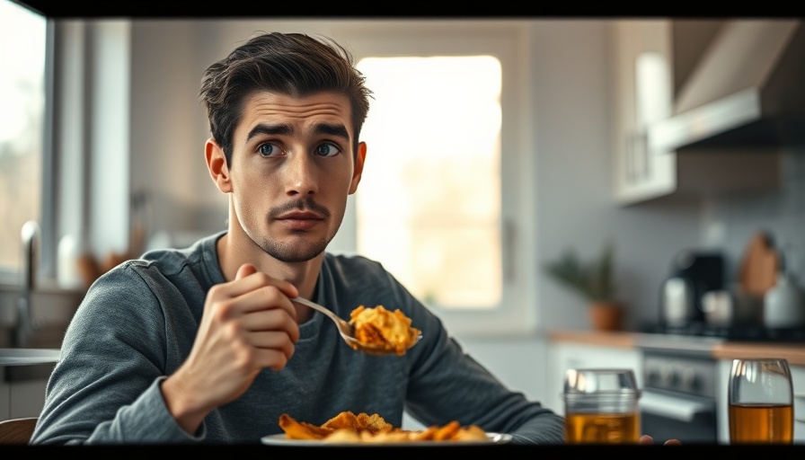 Young man puzzled while eating breakfast, highlighting morning eating difficulties.