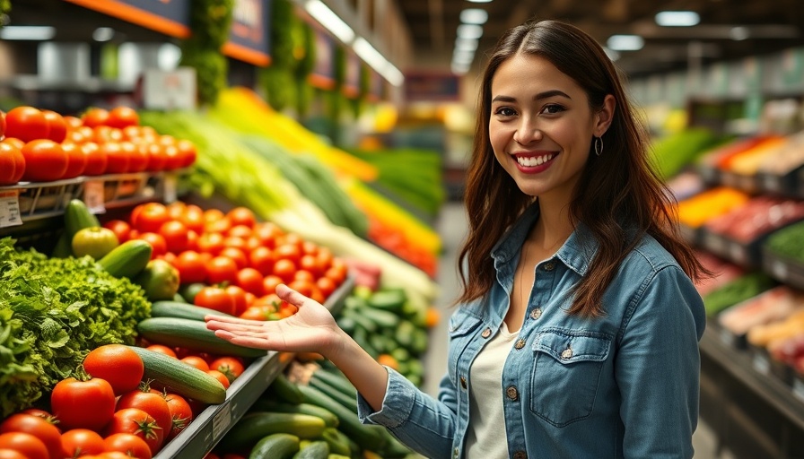 Woman pointing at zero carb food options in grocery store