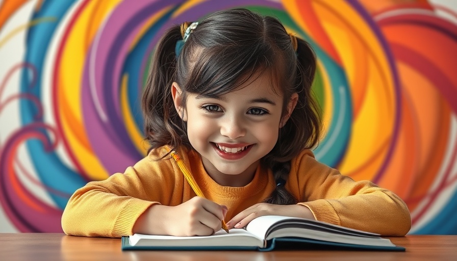 Smiling girl writing surrounded by colorful abstract shapes, AI in Children's Mental Health Research.