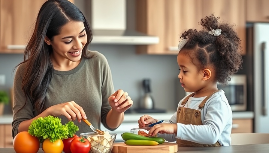 Young woman and child in kitchen preparing healthy meal, healthy eating.