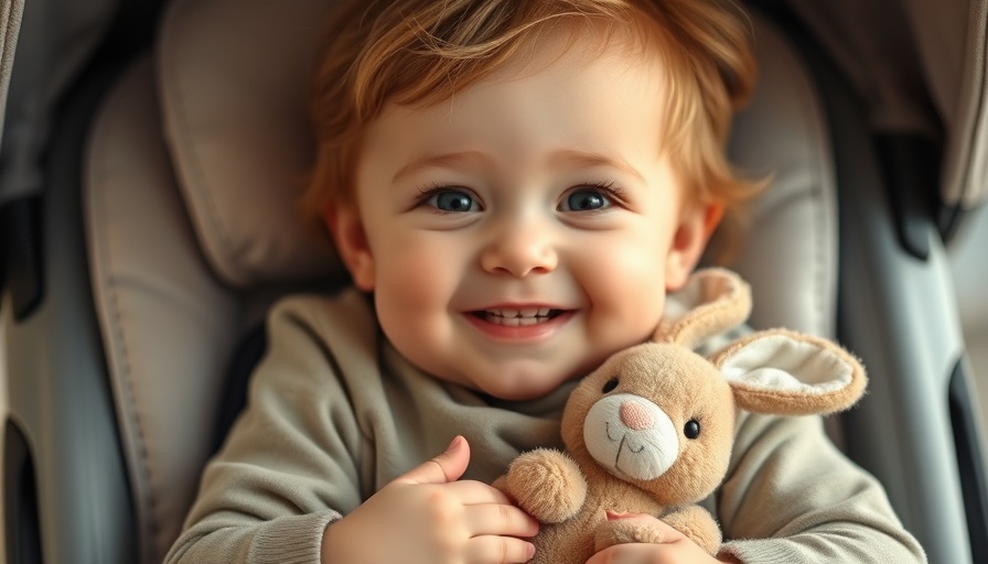 Adorable toddler with plush rabbit in stroller, smiling.