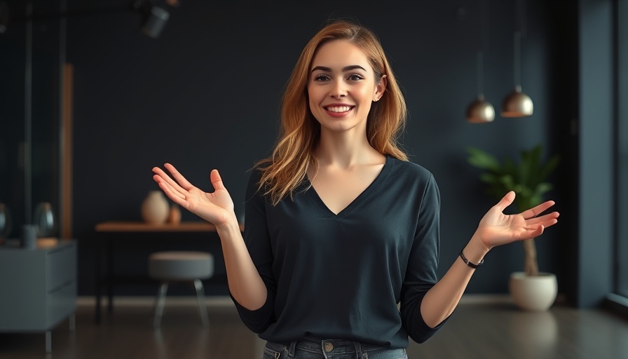 Young woman gesturing in modern studio, studio lighting, dental care.
