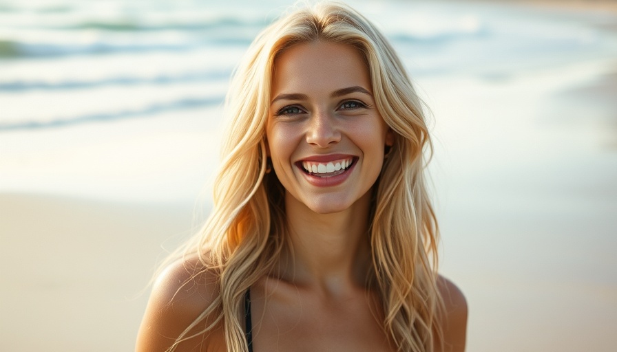 Blonde woman on beach humorously discussing pedicures, beach waves.