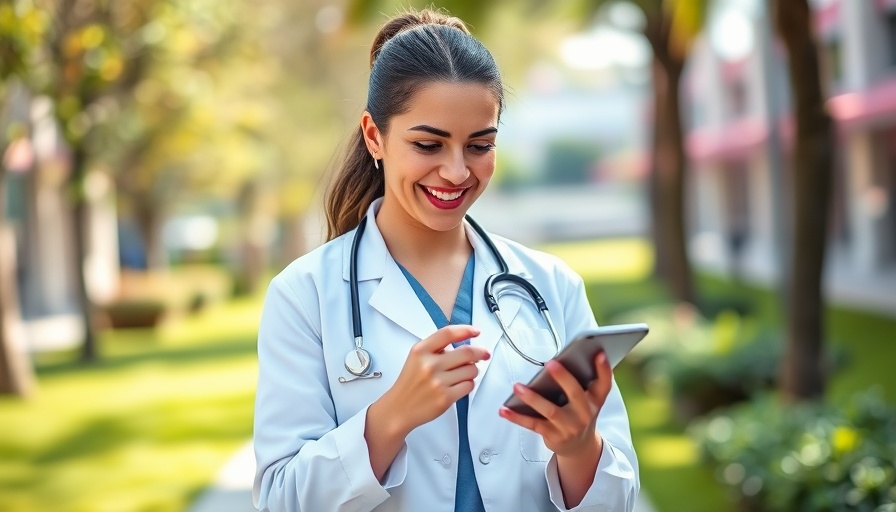 Confident female dentist engaging with smartphone outdoors.