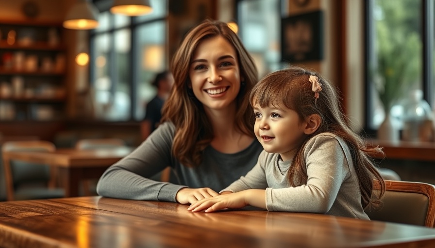 Smiling woman and child in cozy café setting, warm lighting.